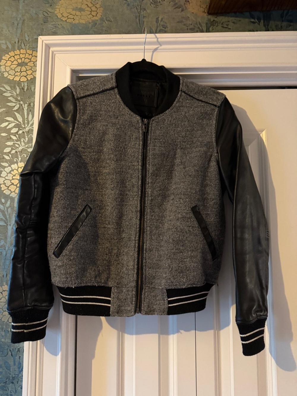 Blank NYC Gray Wool Bomber Jacket with Black Leather Sleeves